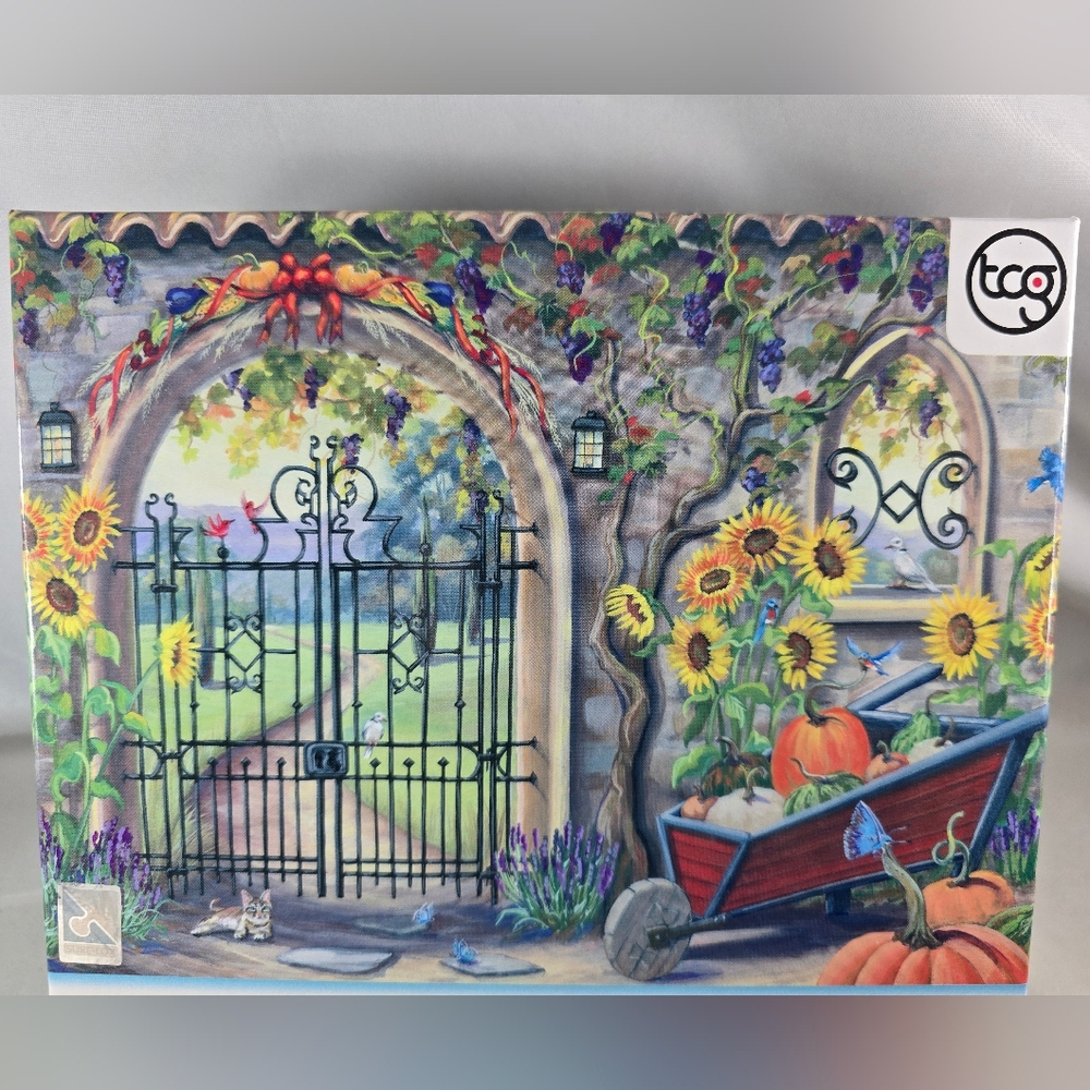 Fall Garden Gate Joelle McIntyre Jigsaw Puzzle 1000 Piece New Cat Birds Flowers - Picture 2 of 9